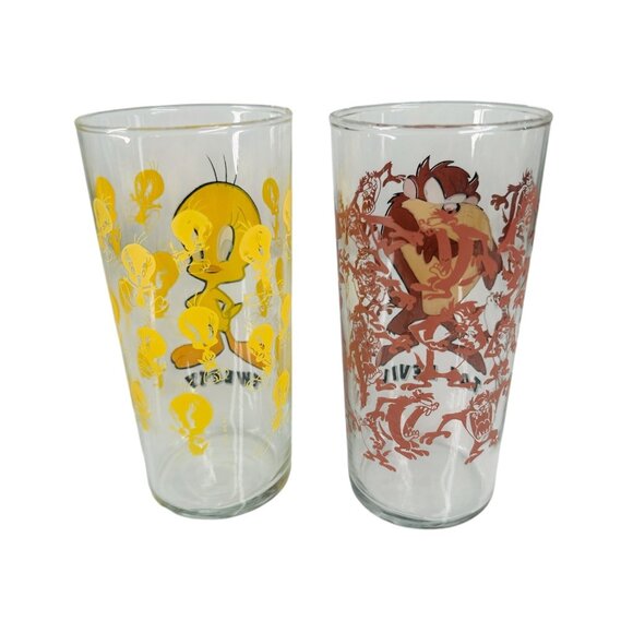 RARE 1995 Looney Tunes Taz Tasmanian Devil Tweety Warner Bros Glass Lot of 2 - Picture 4 of 16